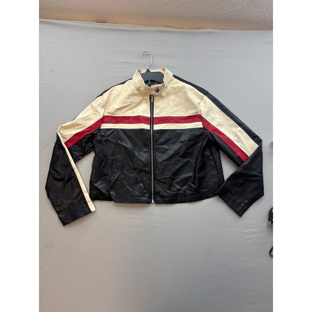 SHEIN Womens Faux Leather Moto Racing Jacket Black Cream Red Colorblock Size M